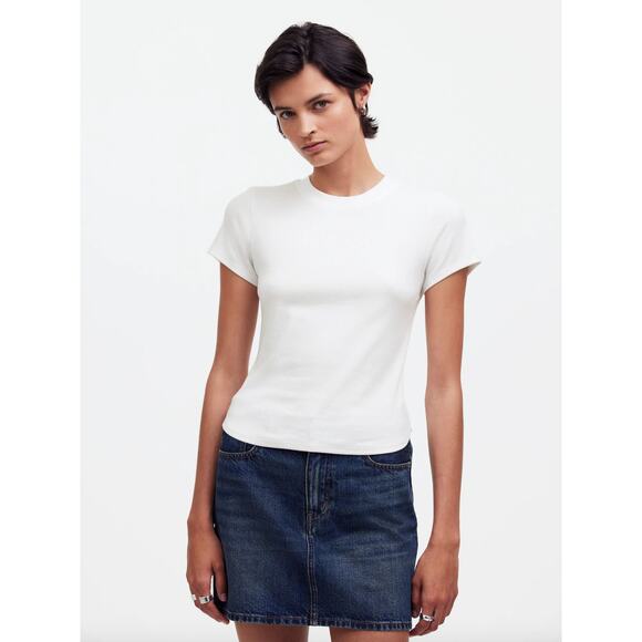 Madewell Regenerative Cotton Ribbed Crewneck Tee Shirt Eyelet White Medium NWT - Picture 1 of 13